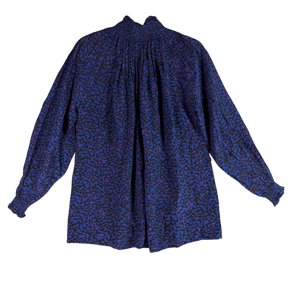 Rungolee Silk Brooklyn Blue Pink Animal Leopard Print Smocked Neck Tie Blouse M - Picture 4 of 11
